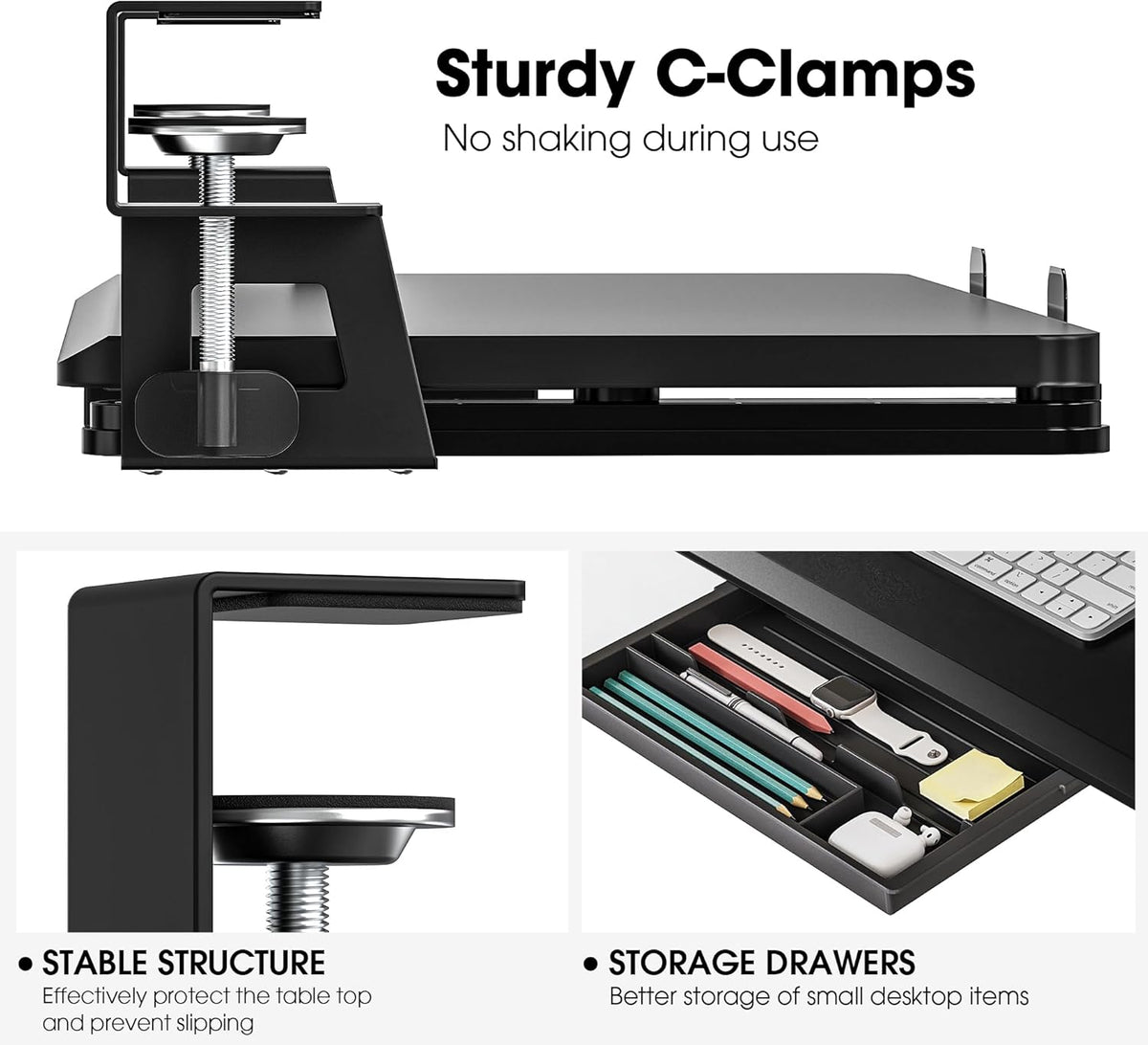 Fenge Keyboard Tray Under Desk, Pull Out Keyboard & Mouse Tray with C Clamp Mount, Sliding Keyboard Holder for Desk, 25.6 x 11.8 inch Large Slide-Out Platform Computer Drawer for Typing