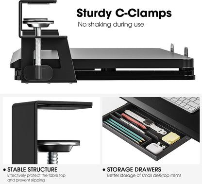 Fenge Keyboard Tray Under Desk, Pull Out Keyboard & Mouse Tray with C Clamp Mount, Sliding Keyboard Holder for Desk, 25.6 x 11.8 inch Large Slide-Out Platform Computer Drawer for Typing