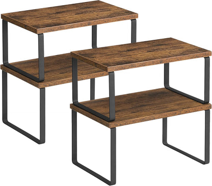 SONGMICS Cabinet Organizer Shelf, Set of 4 Kitchen Counter Shelves, Kitchen Storage, Spice Rack, Stackable, Expandable, Metal and Engineered Wood, Cloud White and Natural Beige UKCS010N01