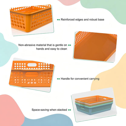 QRRICA 6 Pack Plastic Classroom Storage Baskets, Paper Trays for Classroom Organization & Turn in Trays for Teachers, Students, Desk Organizer Bin 13.8x10.6x3.1 Inch (Rainbow)