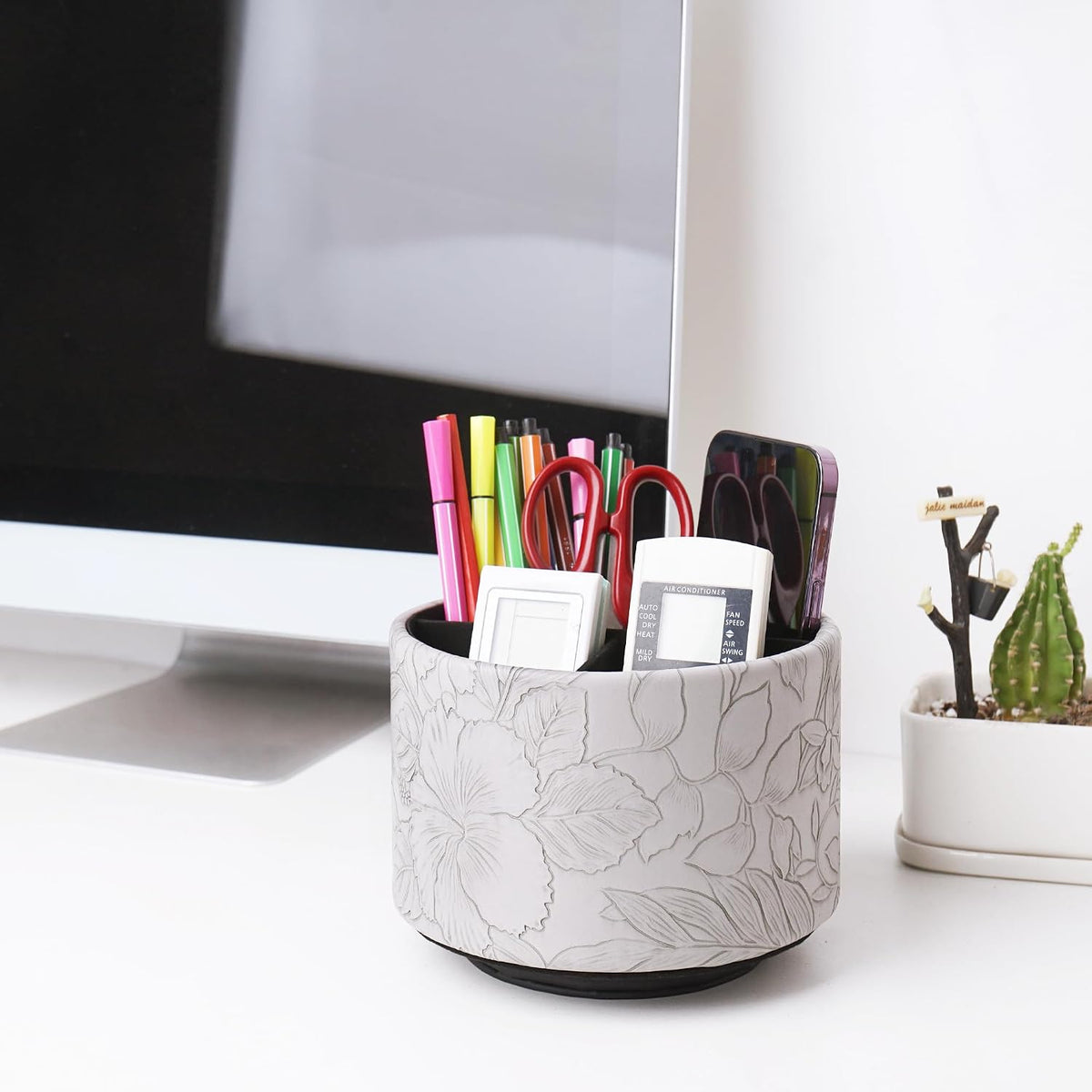 Round Leather Art Supply Organizer,Remote Control Holder,360 Degree Rotating,Multi-Functional Pencil Holder,4 Compartments Desktop Stationary Organizer(1-Blue Bird) - Colors C