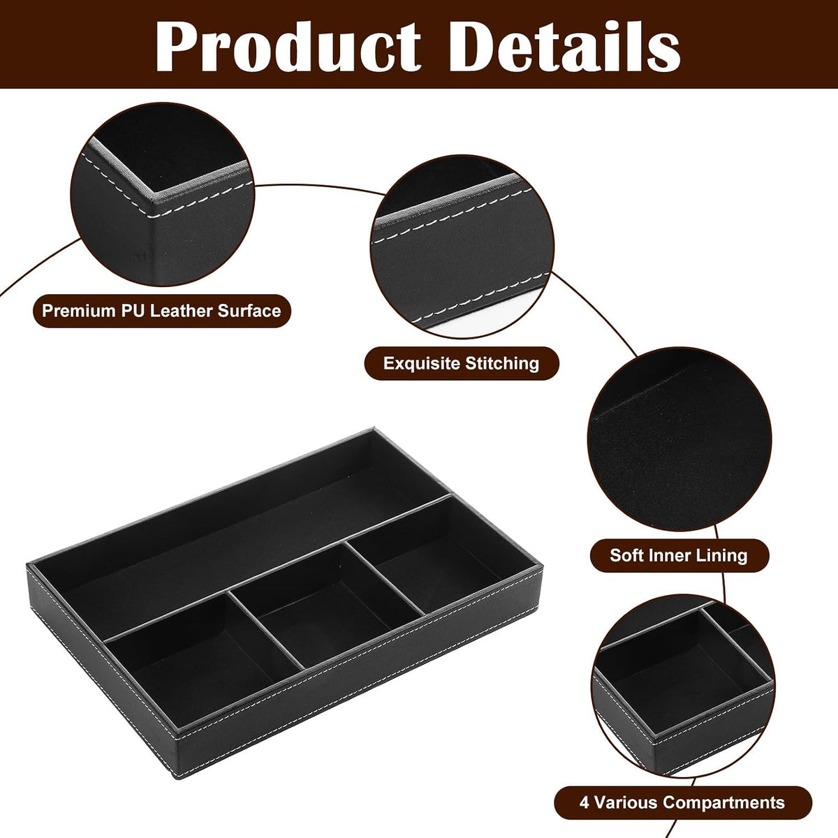 2-Piece Faux Leather Valet Tray Set, Drawer Storage Organizer Divider for Desk, Nightstand, Jewelry, Keys, Wallet, Sunglasses, Phone, Watch - Black