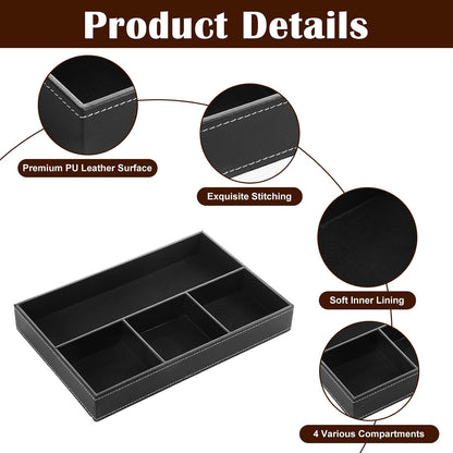 2-Piece Faux Leather Valet Tray Set, Drawer Storage Organizer Divider for Desk, Nightstand, Jewelry, Keys, Wallet, Sunglasses, Phone, Watch - Black