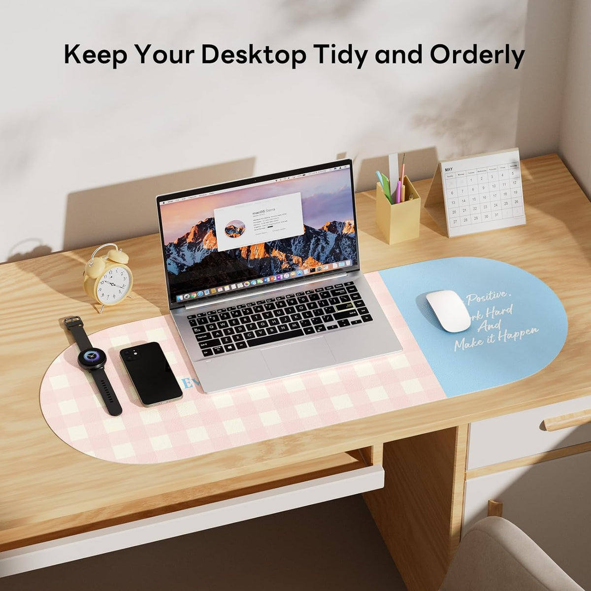 Checkered Pattern Desk Pad Protector, 35.5 x 13'' Aesthetic Mouse Mat for Desktop, Waterproof PU Leathe Non-Slip Desk Writing Pad for Office and Home, Green and Purple