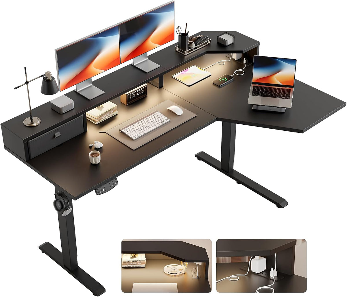 48 * 24 Inch Electric Standing Desk with Shelf & Led, Dark Walnut