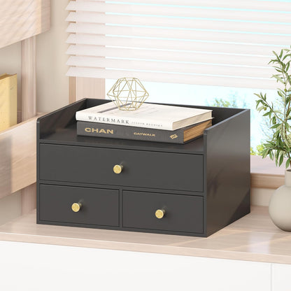 Bamboo Desk Organizer with Drawers Wooden Desktop Storage Drawers (1, Black 3 Drawer)