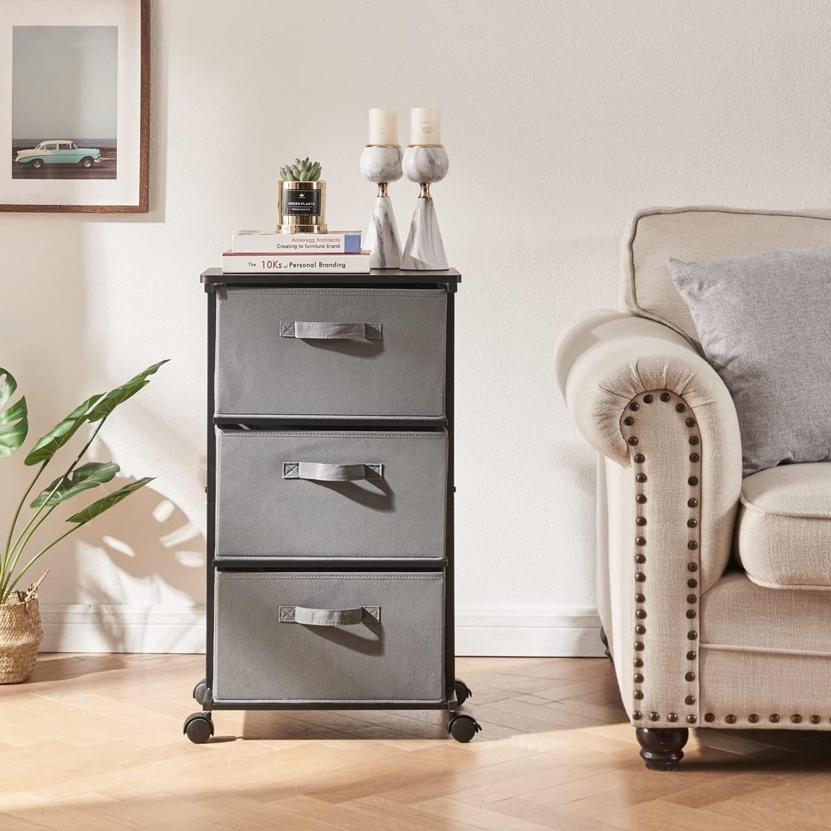 Dresser Storage with 3 Drawers, Fabric Dresser Tower, Vertical Storage Unit for Bedroom, Closet, Office, Black