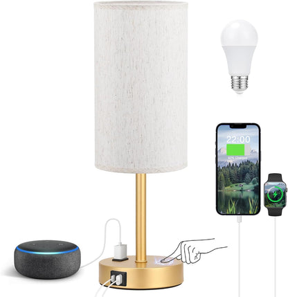 Fenmzee Bedside Table Lamp for Bedroom - Dimmable Touch, USB A+C, AC Outlet