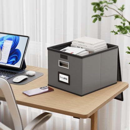 Upgraded Portable File Organizer Box with Lid, Collapsible Linen Hanging Filing Storage Boxes with Plastic Slides, Decorative Home/Office Filing System Box for File and Folders Storage (Gray)