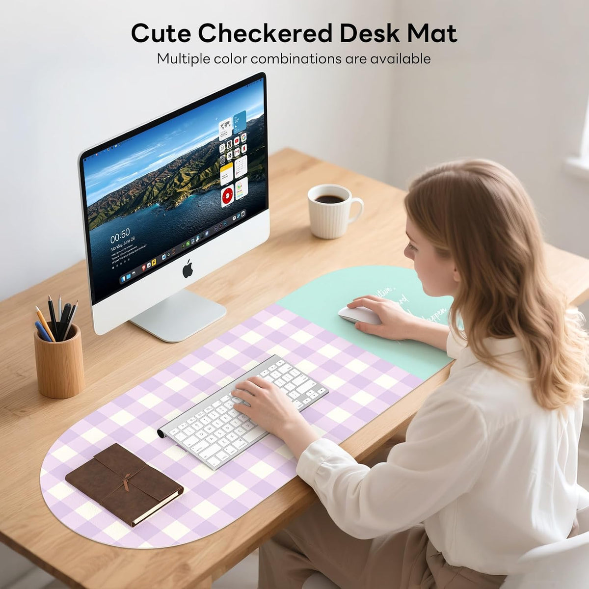 Checkered Pattern Desk Pad Protector, 35.5 x 13'' Aesthetic Mouse Mat for Desktop, Waterproof PU Leathe Non-Slip Desk Writing Pad for Office and Home, Green and Purple