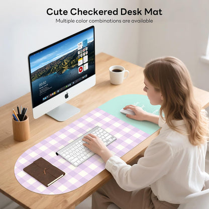 Checkered Pattern Desk Pad Protector, 35.5 x 13'' Aesthetic Mouse Mat for Desktop, Waterproof PU Leathe Non-Slip Desk Writing Pad for Office and Home, Green and Purple