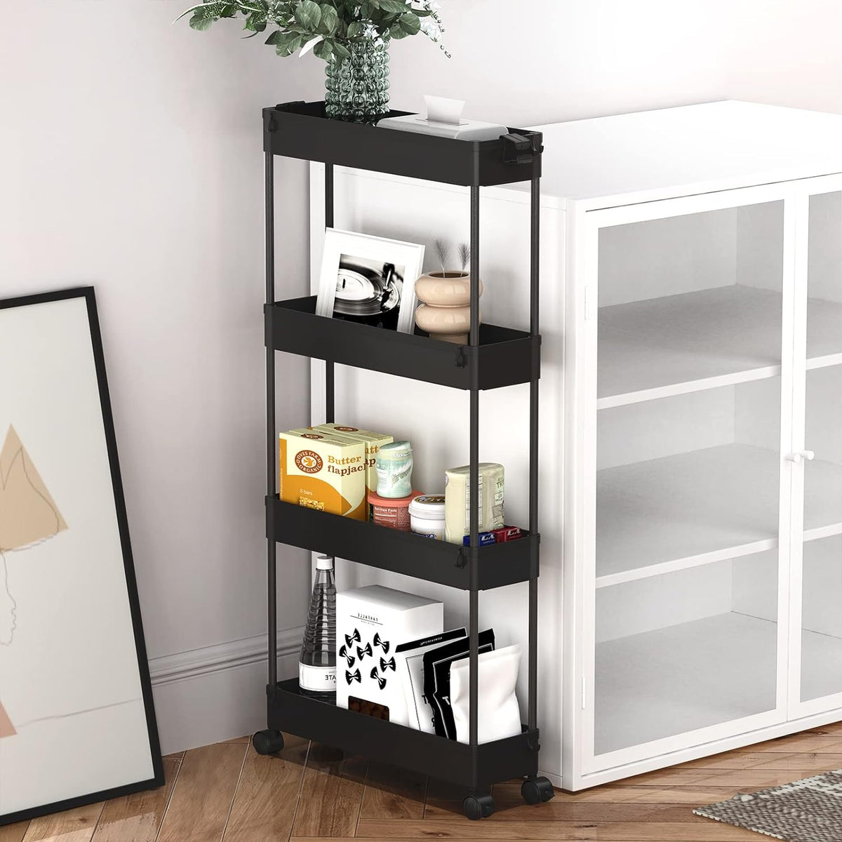 SPACELEAD Slim Storage Cart 4 Tier,Bathroom Organizer Rolling Utility, Mobile Shelving Unit Slide Out for Office, Kitchen, Laundry Room & Narrow Places,White