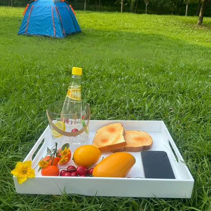 KEVLANG Glossy White Sturdy Acrylic Serving Tray with Handles-12x20 Inch-Serving Coffee Appetizer Breakfast-Kitchen Countertop Makeup Drawer Organizer-Vanity Table Ottoman Decorative Tray