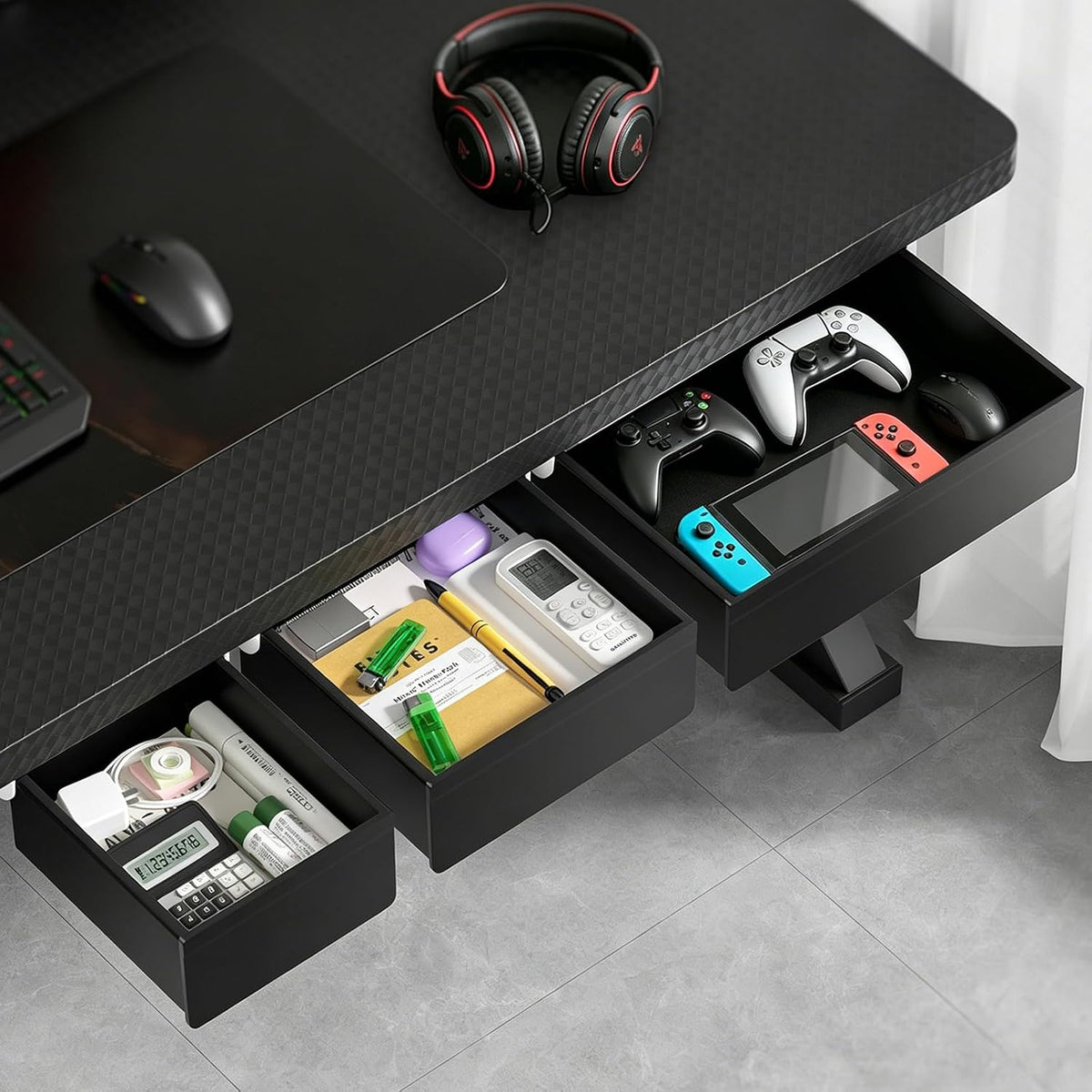 Under Desk Storage Drawer Organizer,3 Pack Self-Adhesive Slide Out Desk Drawers Under Table for Shelf,Office Supplies,Home,Large & Medium & Small,Black