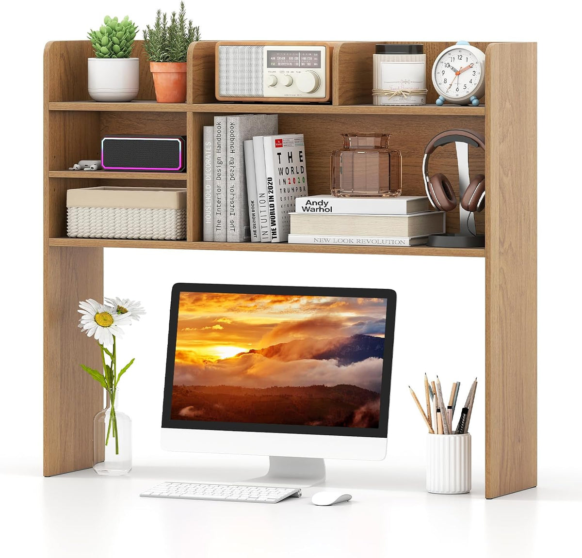 Desktop Bookshelf, Countertop Storage Hutch with 5 Shelves for Computer Desk, Desk 3-Tier Display Rack, Multipurpose Wood Desktop Hutch Storage Organizer for Dorm Office Home