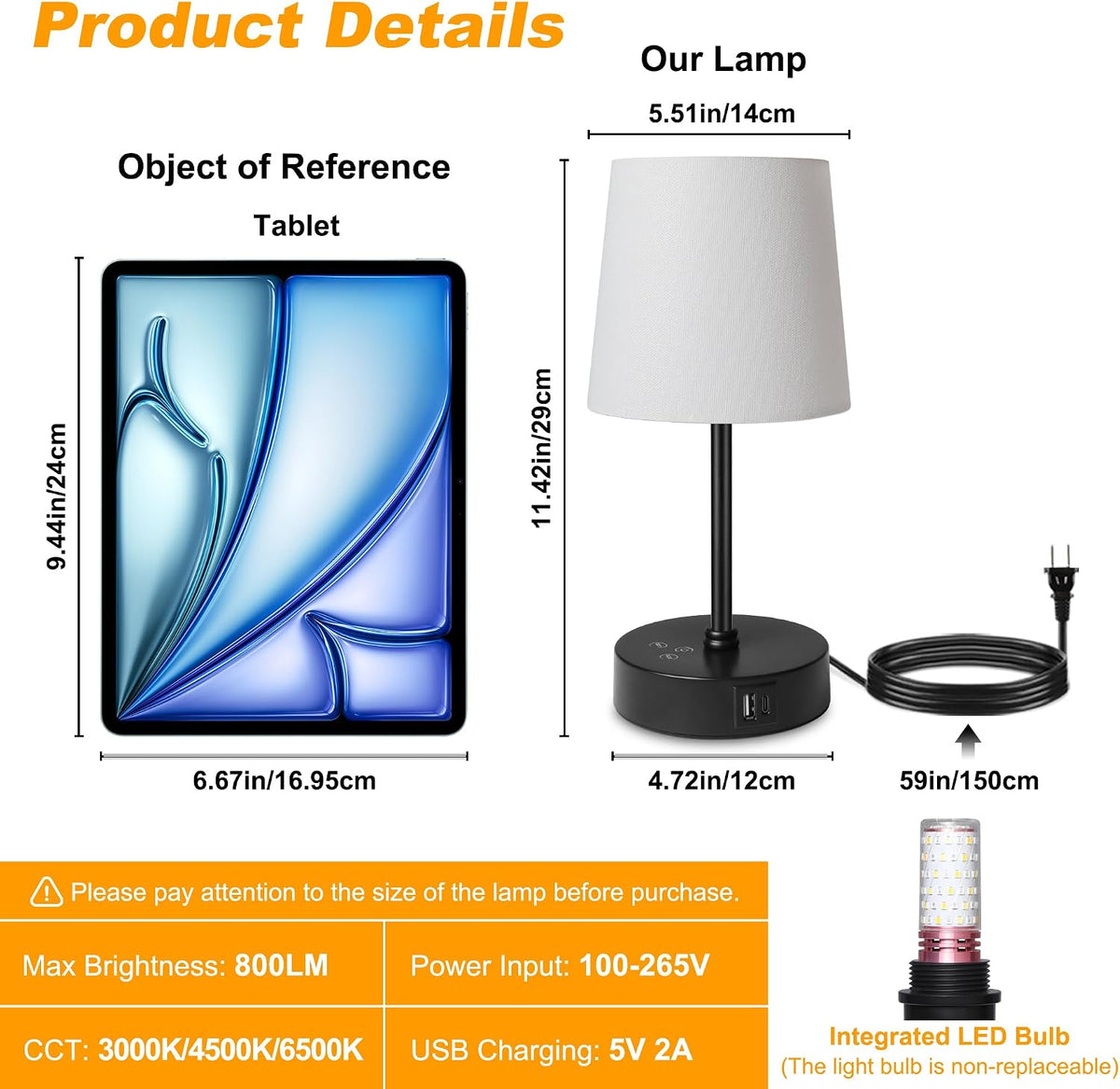 Ascher Small Bedside Table lamp, RGB Color Changing Lamps, 3 Color Temperatures, Dimmable Nightstand Lamp with USB C+A Ports, Touch Desk Lamp for Bedroom Living Room, H11.4in(Flaxen Shade)