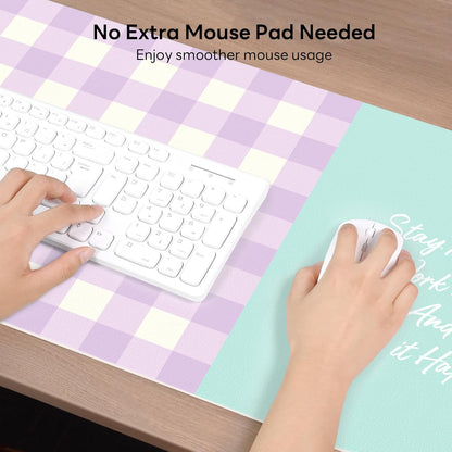 Checkered Pattern Desk Pad Protector, 35.5 x 13'' Aesthetic Mouse Mat for Desktop, Waterproof PU Leathe Non-Slip Desk Writing Pad for Office and Home, Green and Purple