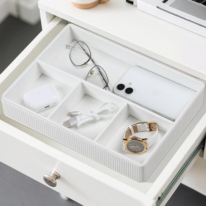 PU Leather Valet Tray, Decorative Trinket Vanity Desk Drawer Organizer Tray, Perfume Dish Catch All Bowl for Keys, Nightstand Drawer Organizer Women Men with 4 Compartments (Cream-White)
