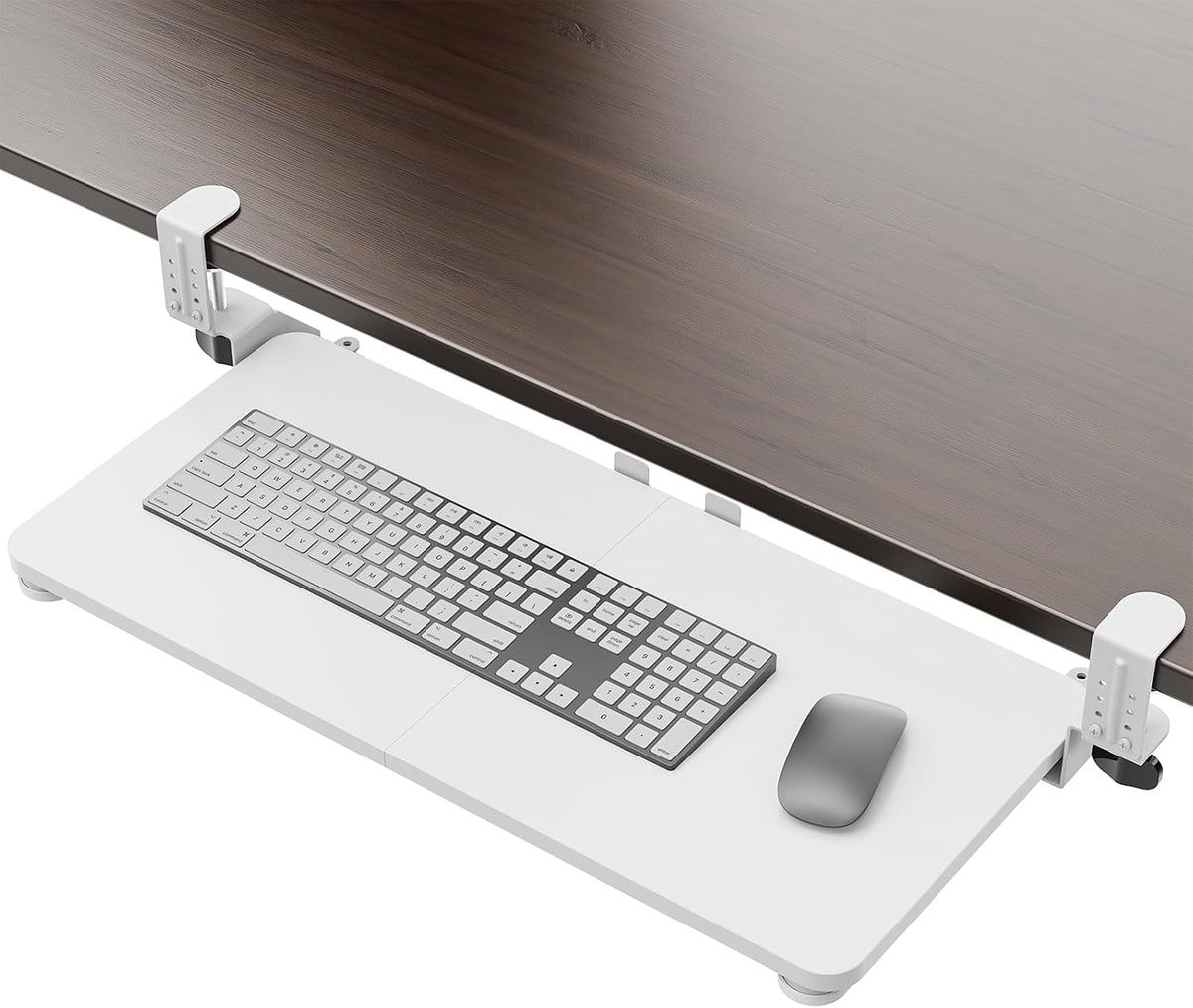Small Keyboard Tray Under Desk, Pull Out Keyboard & Mouse Tray with Adjustable C-clamp, 20(25.9 Including Clamps) x 11.8 Inch Slide Out Computer Keyboard Drawer Mouse Tray for Typing, Walnut
