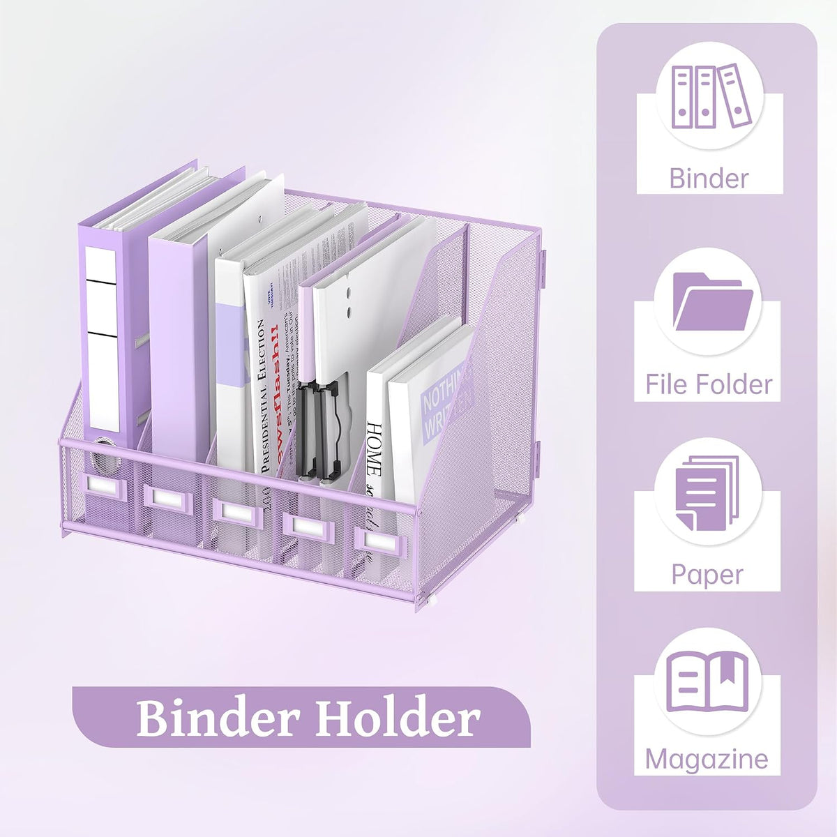 Desk Organizers Metal Desk Magazine File Holder with 5 Vertical Compartments Rack File Organizer for Office Desktop, Classroom, Home Workspace, Black