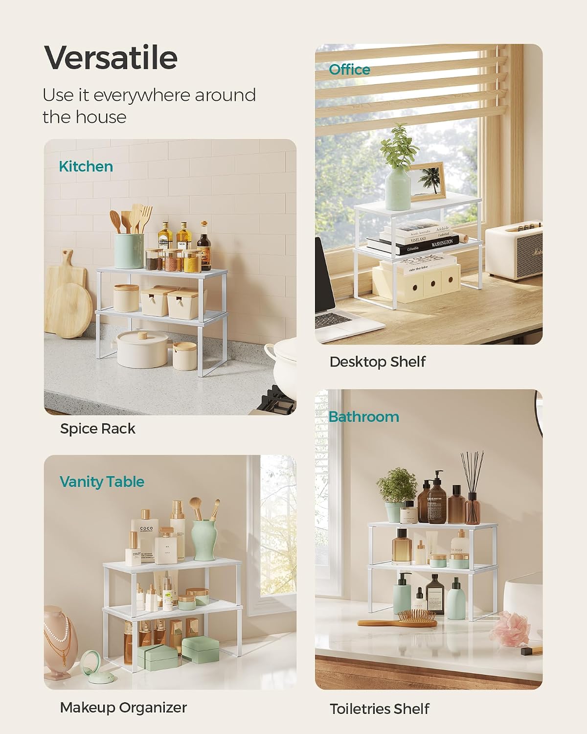 SONGMICS Cabinet Organizer Shelf, Set of 4 Kitchen Counter Shelves, Kitchen Storage, Spice Rack, Stackable, Expandable, Metal and Engineered Wood, Cloud White and Natural Beige UKCS010N01