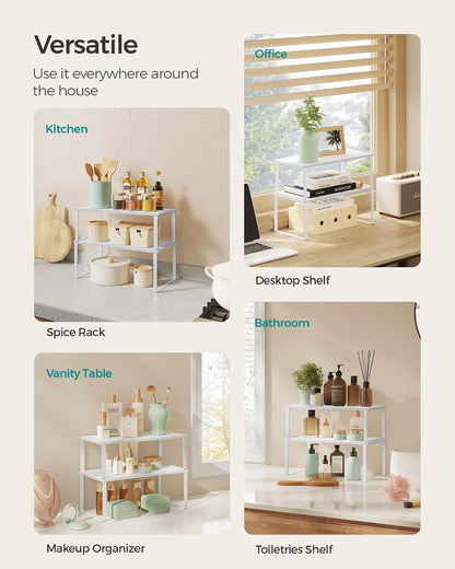 SONGMICS Cabinet Organizer Shelf, Set of 4 Kitchen Counter Shelves, Kitchen Storage, Spice Rack, Stackable, Expandable, Metal and Engineered Wood, Cloud White and Natural Beige UKCS010N01