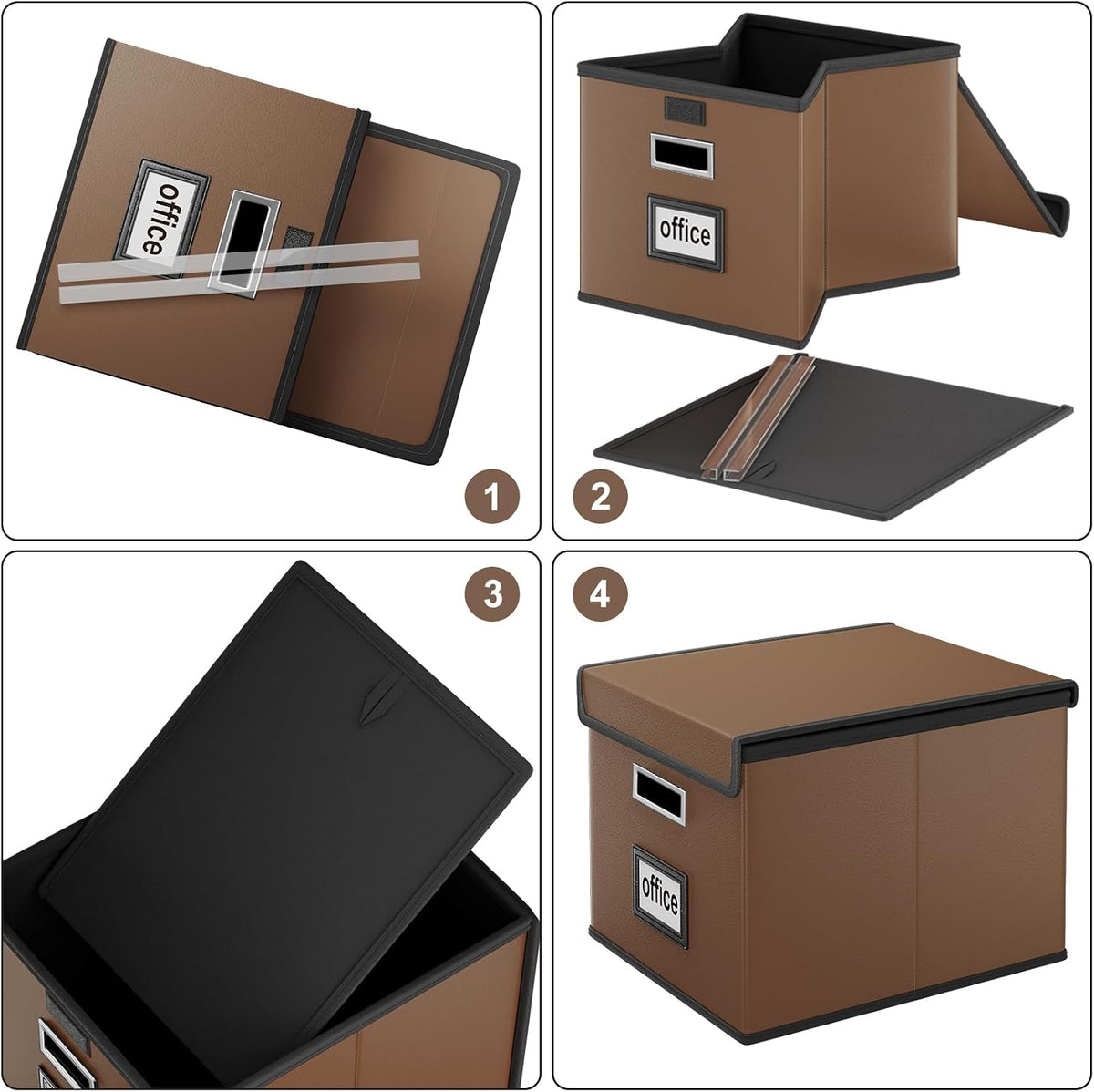 Upgraded Portable File Organizer Box with Lid, Collapsible Linen Hanging Filing Storage Boxes with Plastic Slides, Decorative Home/Office Filing System Box for File and Folders Storage (Gray)