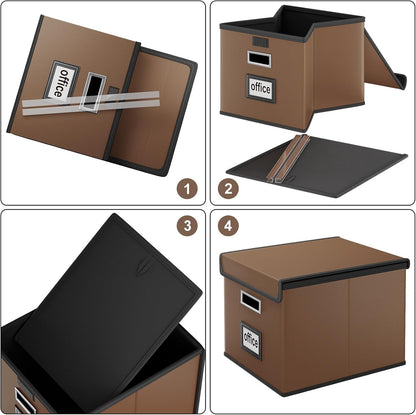 Upgraded Portable File Organizer Box with Lid, Collapsible Linen Hanging Filing Storage Boxes with Plastic Slides, Decorative Home/Office Filing System Box for File and Folders Storage (Gray)