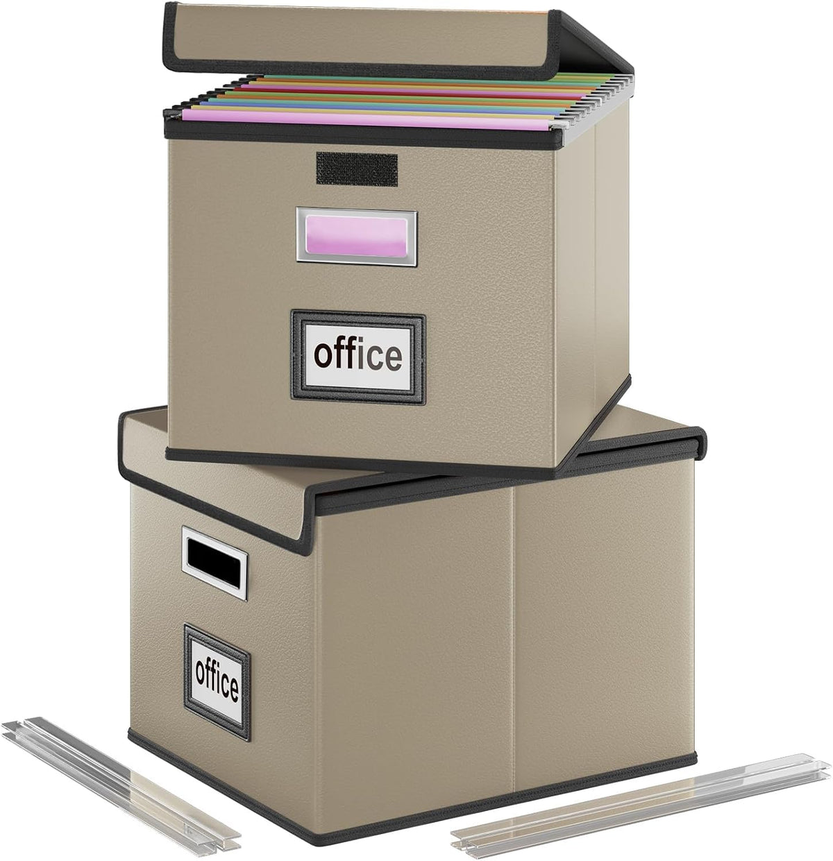 Upgraded Portable File Organizer Box with Lid, Collapsible Linen Hanging Filing Storage Boxes with Plastic Slides, Decorative Home/Office Filing System Box for File and Folders Storage (Gray)