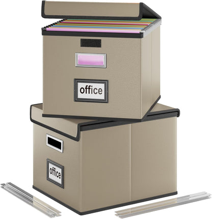 Upgraded Portable File Organizer Box with Lid, Collapsible Linen Hanging Filing Storage Boxes with Plastic Slides, Decorative Home/Office Filing System Box for File and Folders Storage (Gray)