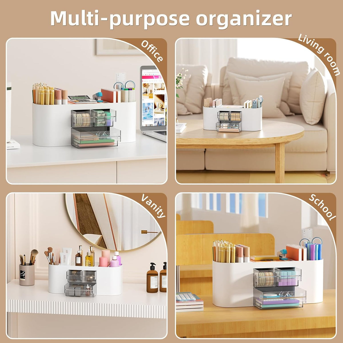 Marbrasse Desk Organizer Pen Holder for Desk with 3 Drawers, Multi-Functional Pencil Holder, Desk Organizers and Accessories with 7 Compartments for Home, School, Classroom(Pink)