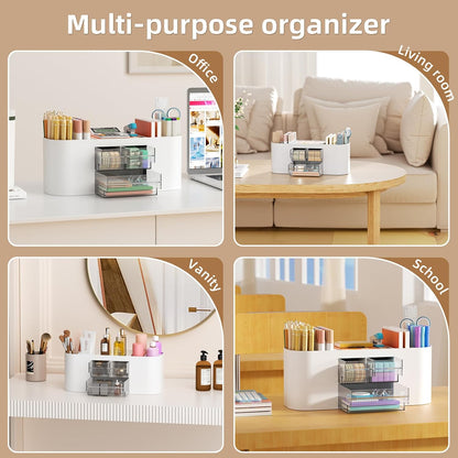 Marbrasse Desk Organizer Pen Holder for Desk with 3 Drawers, Multi-Functional Pencil Holder, Desk Organizers and Accessories with 7 Compartments for Home, School, Classroom(Pink)