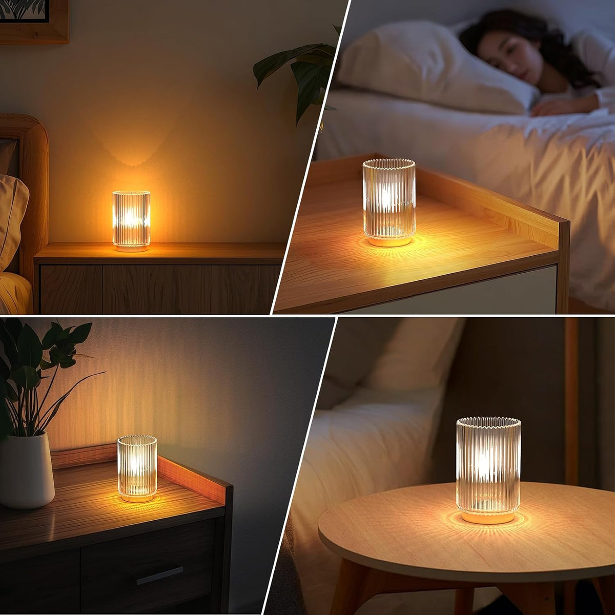 Battery Operated Lamp, Cordless Table Lamp with Timer, Desk Bedside Lamps with LED Warm Light, Glass Small Table Lamp for Bedroom, Bathroom, Living Room, Home Decor - Amber