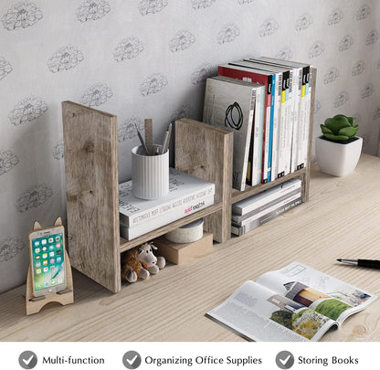 Jerry & Maggie Desktop Organizer Office Storage Rack Adjustable Wood Display Shelf Free Style Double H, Multi-Functional Mini Bookshelf for Desk Natural Stand (White)