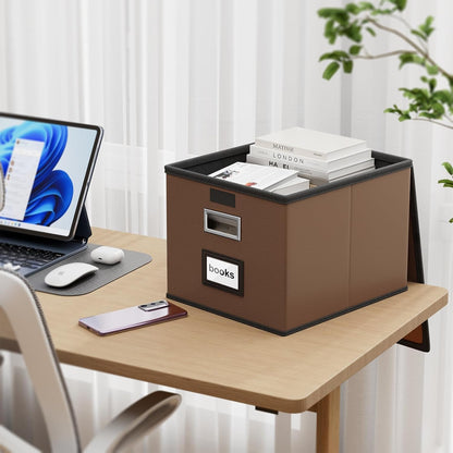 Upgraded Portable File Organizer Box with Lid, Collapsible Linen Hanging Filing Storage Boxes with Plastic Slides, Decorative Home/Office Filing System Box for File and Folders Storage (Gray)