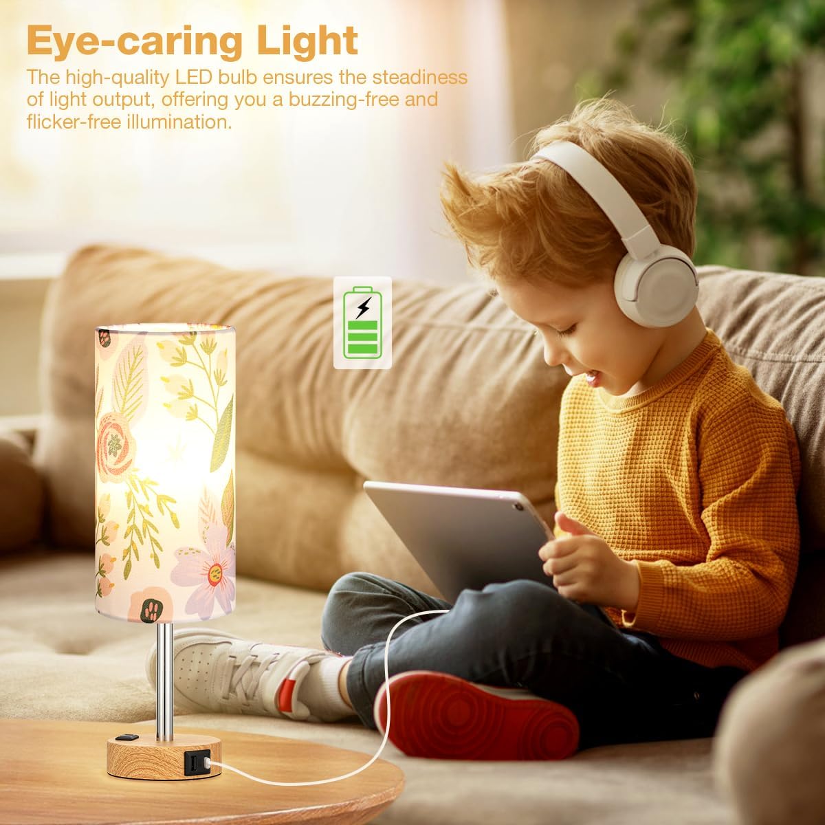 Fenmzee Bedside Table Lamp for Bedroom - Dimmable Touch, USB A+C, AC Outlet