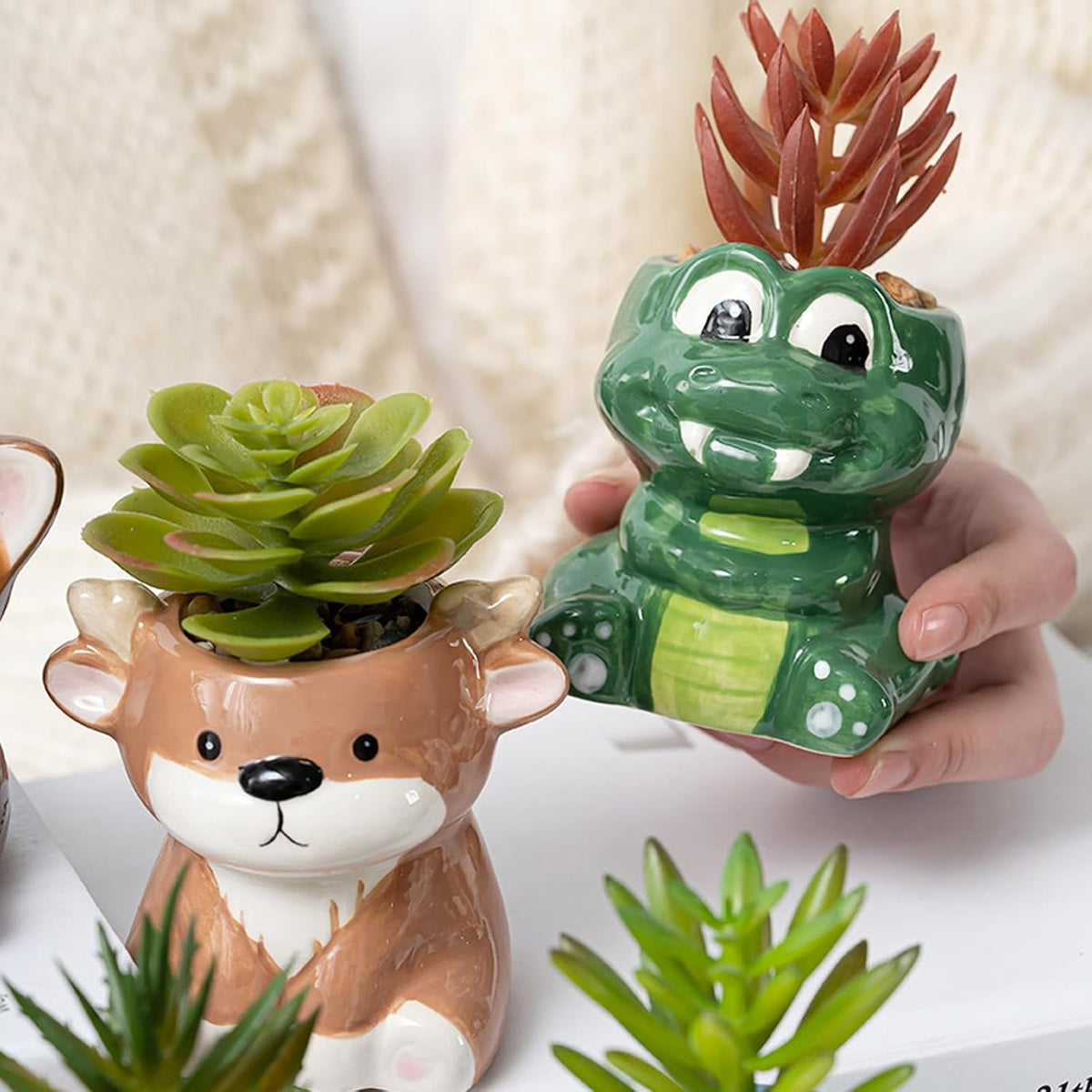 DIYOMR Cute Animals Planter, Mini Ceramic Cartoon Animal Shaped Succulent Flower Pot Indoor Air Plants Holder, Smooth Shiny Decorative Flower Cactus Planter - Plants Not Included (Panda)
