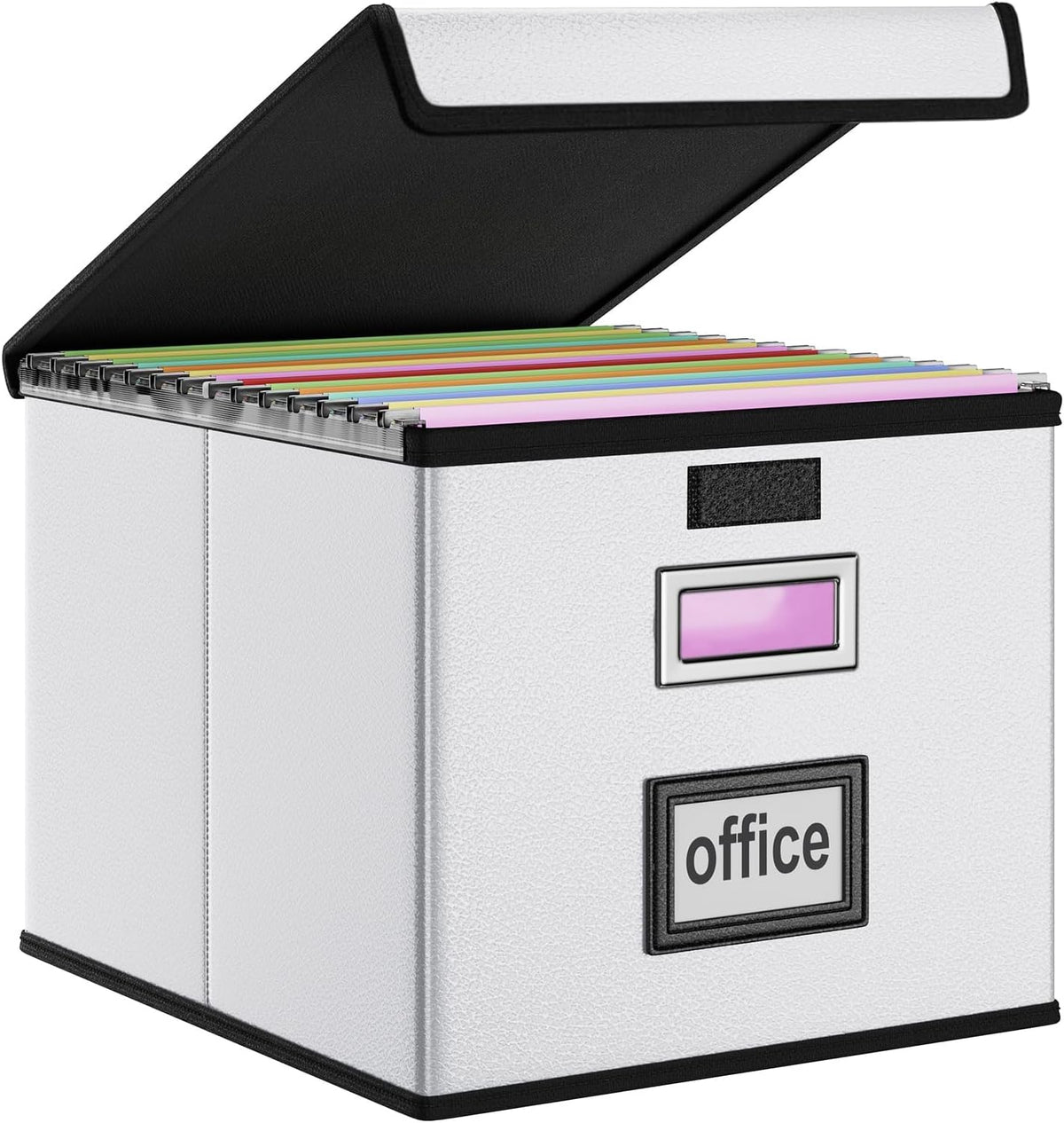 Upgraded Portable File Organizer Box with Lid, Collapsible Linen Hanging Filing Storage Boxes with Plastic Slides, Decorative Home/Office Filing System Box for File and Folders Storage (Gray)