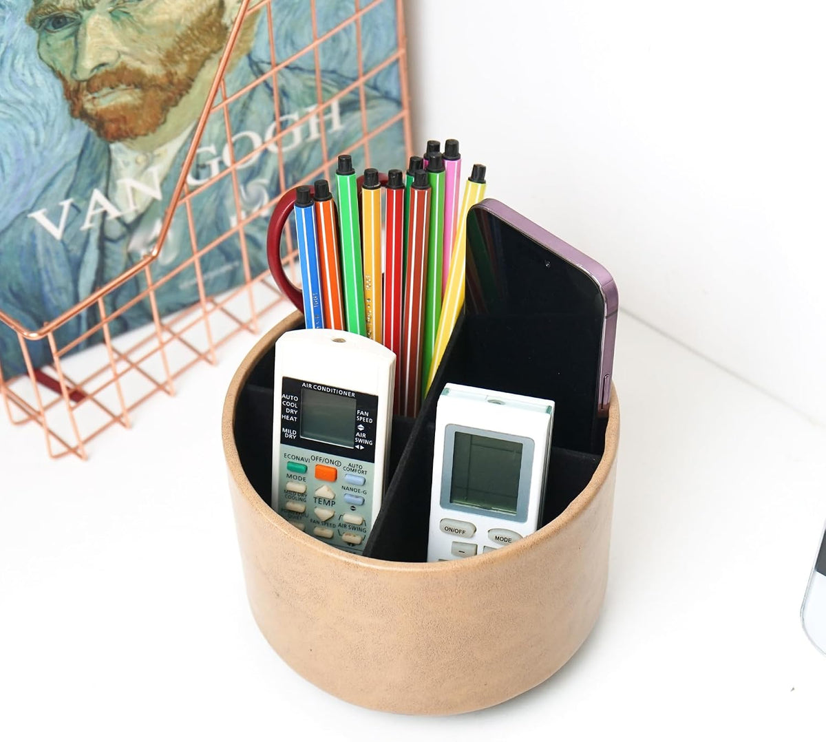 Round Leather Art Supply Organizer,Remote Control Holder,360 Degree Rotating,Multi-Functional Pencil Holder,4 Compartments Desktop Stationary Organizer(1-Blue Bird) - Colors C