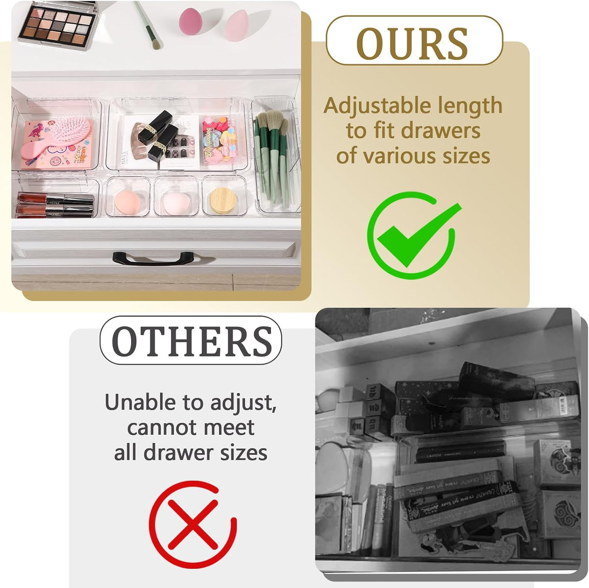 Adjustable Clear Drawer Organizer, Extendable Vanity Storage Bins, Desk Drawer Organizer Set for Makeup, Cosmetics, Bedroom, and Gadgets, Purple