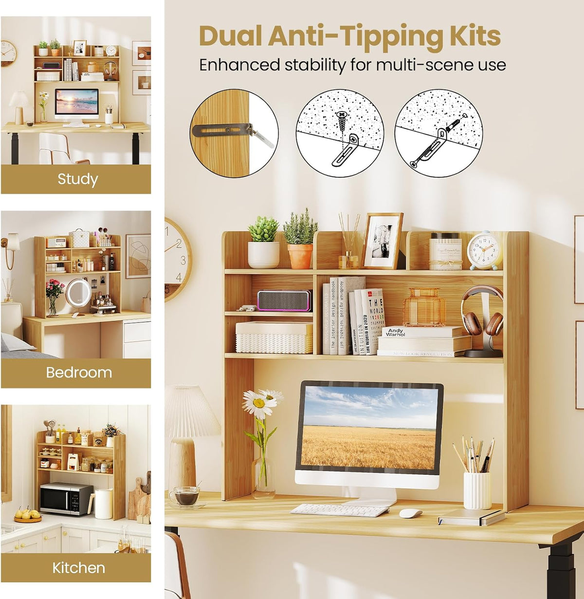 Desktop Bookshelf, Countertop Storage Hutch with 5 Shelves for Computer Desk, Desk 3-Tier Display Rack, Multipurpose Wood Desktop Hutch Storage Organizer for Dorm Office Home