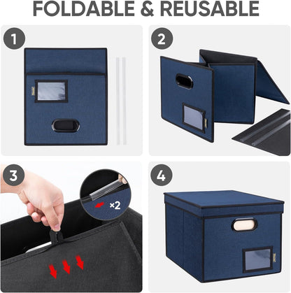 BALEINE File Organizer Box with Lid, Collapsible File Folder Organizer with Plastic Slide, Hanging File Folder Box for Office Document Storage (Black)