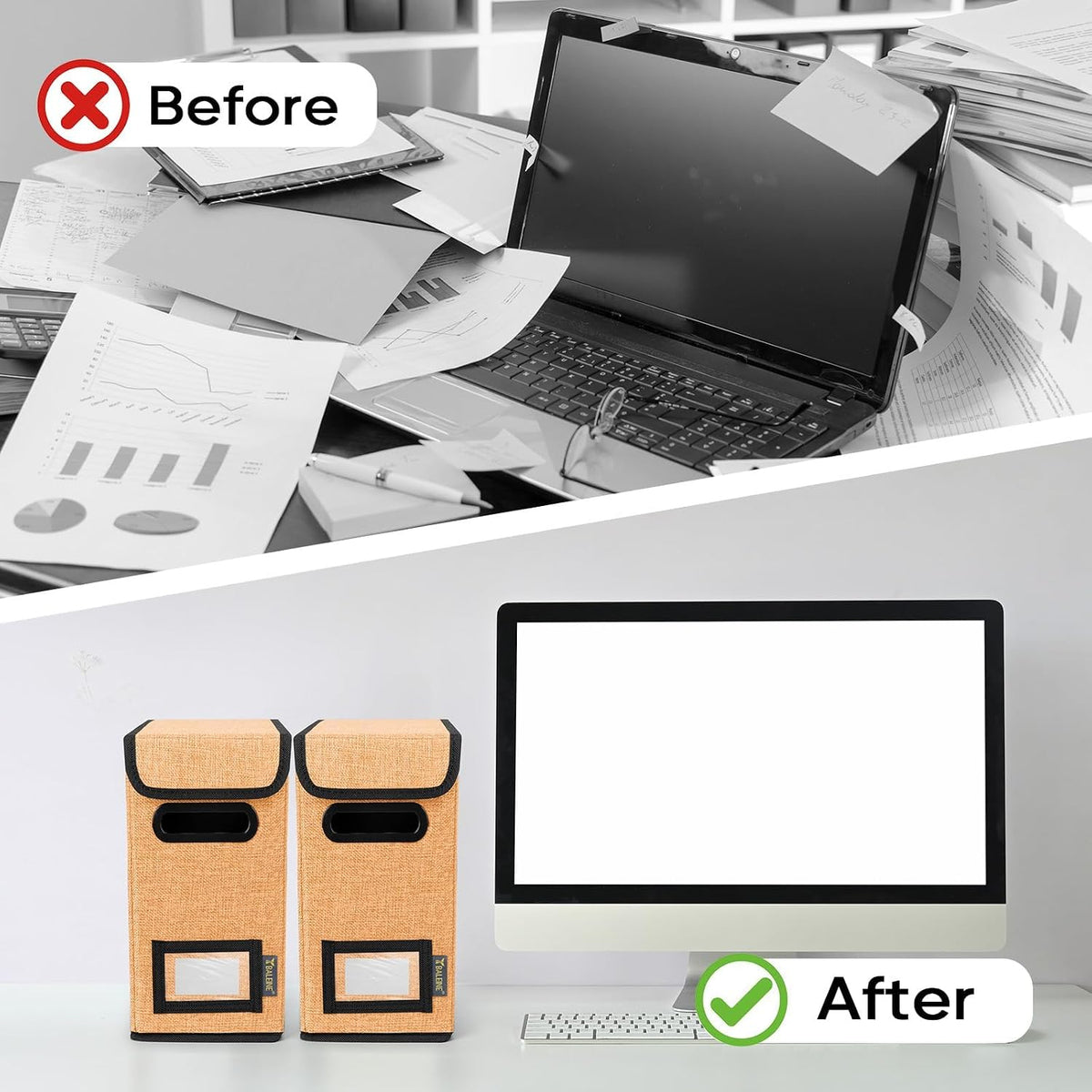 BALEINE File Organizer Box with Lid, Collapsible File Folder Organizer with Plastic Slide, Hanging File Folder Box for Office Document Storage (Black)