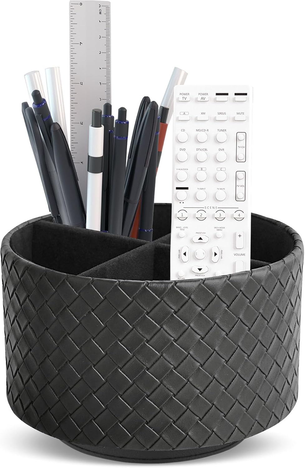 Round Leather Art Supply Organizer,Remote Control Holder,360 Degree Rotating,Multi-Functional Pencil Holder,4 Compartments Desktop Stationary Organizer(1-Blue Bird) - Colors A