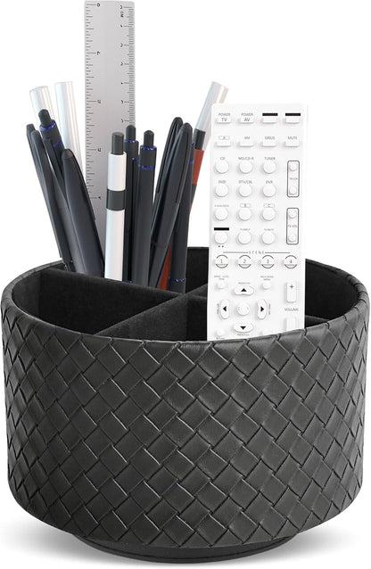 Round Leather Art Supply Organizer,Remote Control Holder,360 Degree Rotating,Multi-Functional Pencil Holder,4 Compartments Desktop Stationary Organizer(1-Blue Bird) - Colors A
