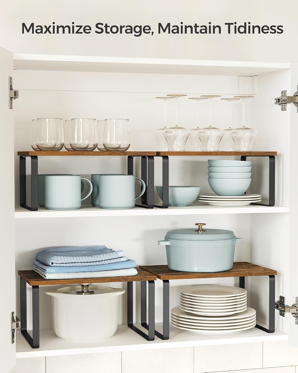 SONGMICS Cabinet Organizer Shelf, Set of 4 Kitchen Counter Shelves, Kitchen Storage, Spice Rack, Stackable, Expandable, Metal and Engineered Wood, Cloud White and Natural Beige UKCS010N01