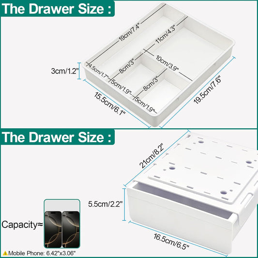 SVNNELP Under Desk Table Drawer Storage Organizer, Slide Out Drawer with 4 Compartments Divider,Pencil Storage Self-Adhesive Tray Under Table (M/White+White)