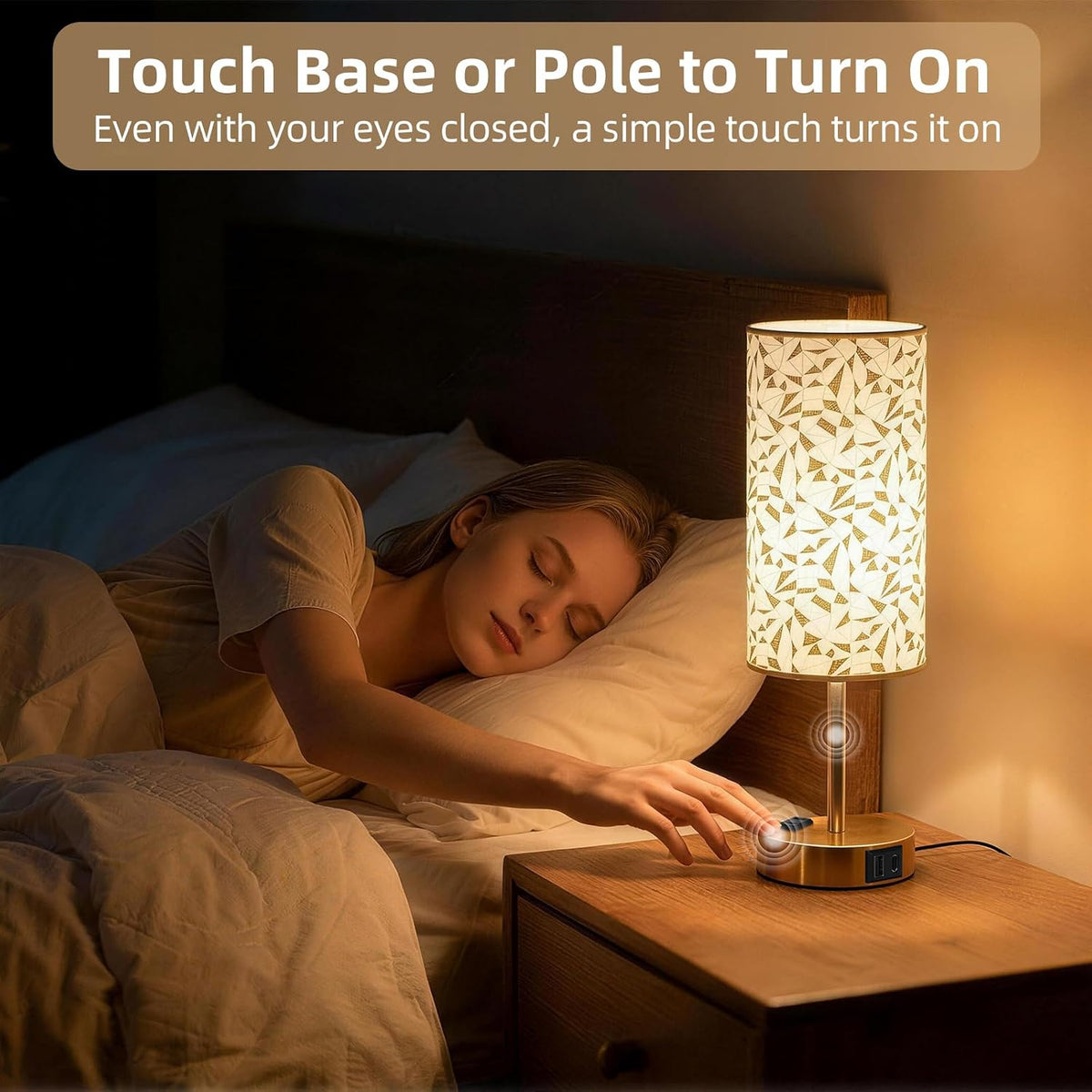 Table Lamp for Nightstand, High-Sensitivity Touch, 3-Level Dimmable Bedside Lamp with AC Outlet | USB | and USB-C, Ideal Night Stand Lamp for Bedroom, Reading, Living Room(Warm&Wooden)
