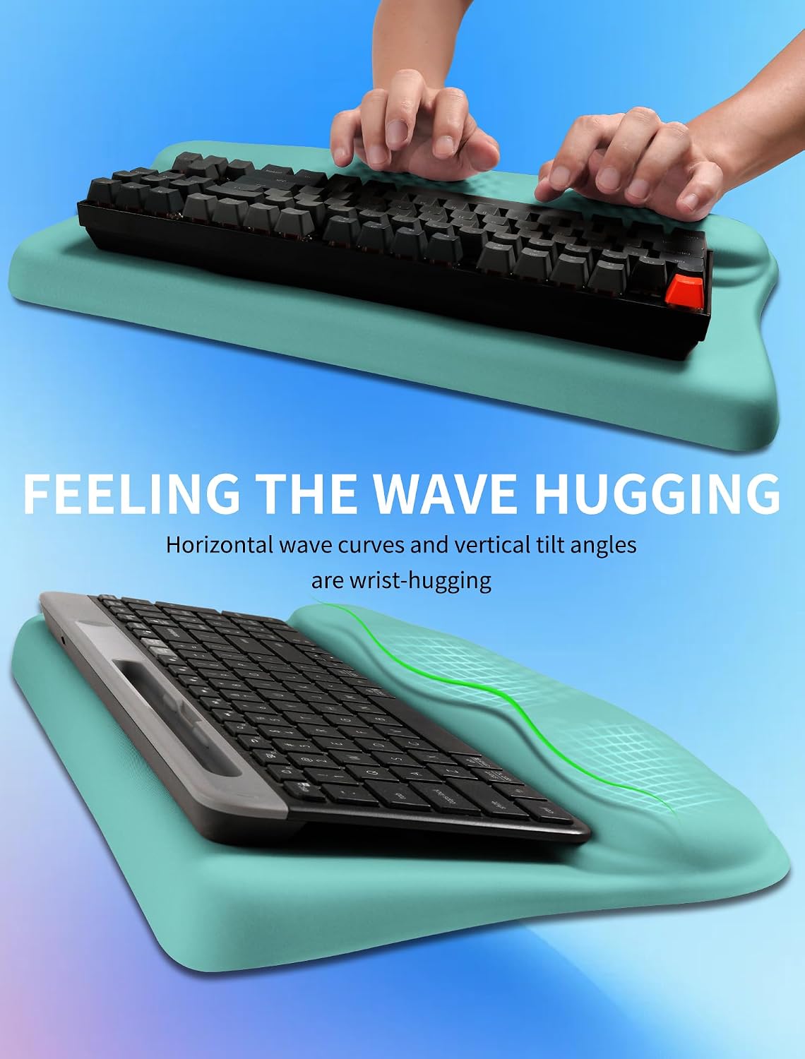 Ergonomic Wave Wrist Rest with Keyboard Stand, Cushioned Palm Rest, Comfortable Integrated Memory Foam for Natural Typing and Relieve Wrist Pain, Dark Night Black