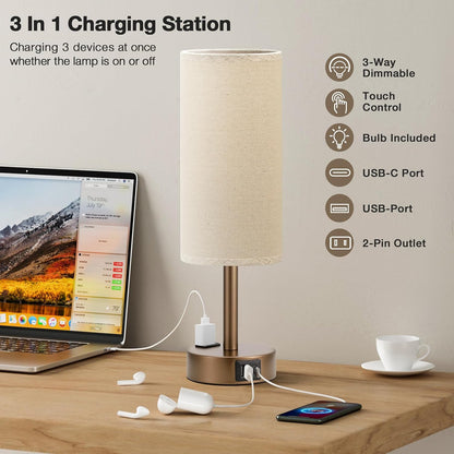 Fenmzee Bedside Table Lamp for Bedroom - Dimmable Touch, USB A+C, AC Outlet